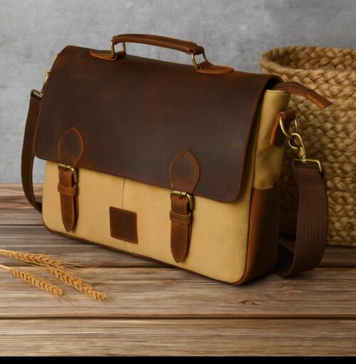 Beige canvas laptop Beige canvas leather bag